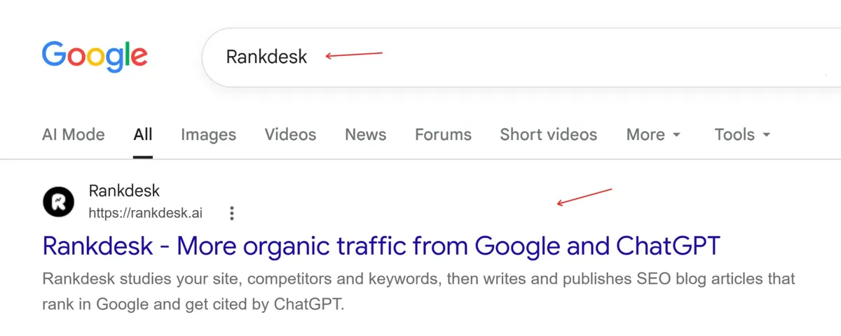 Rankdesk ranking in Google search results